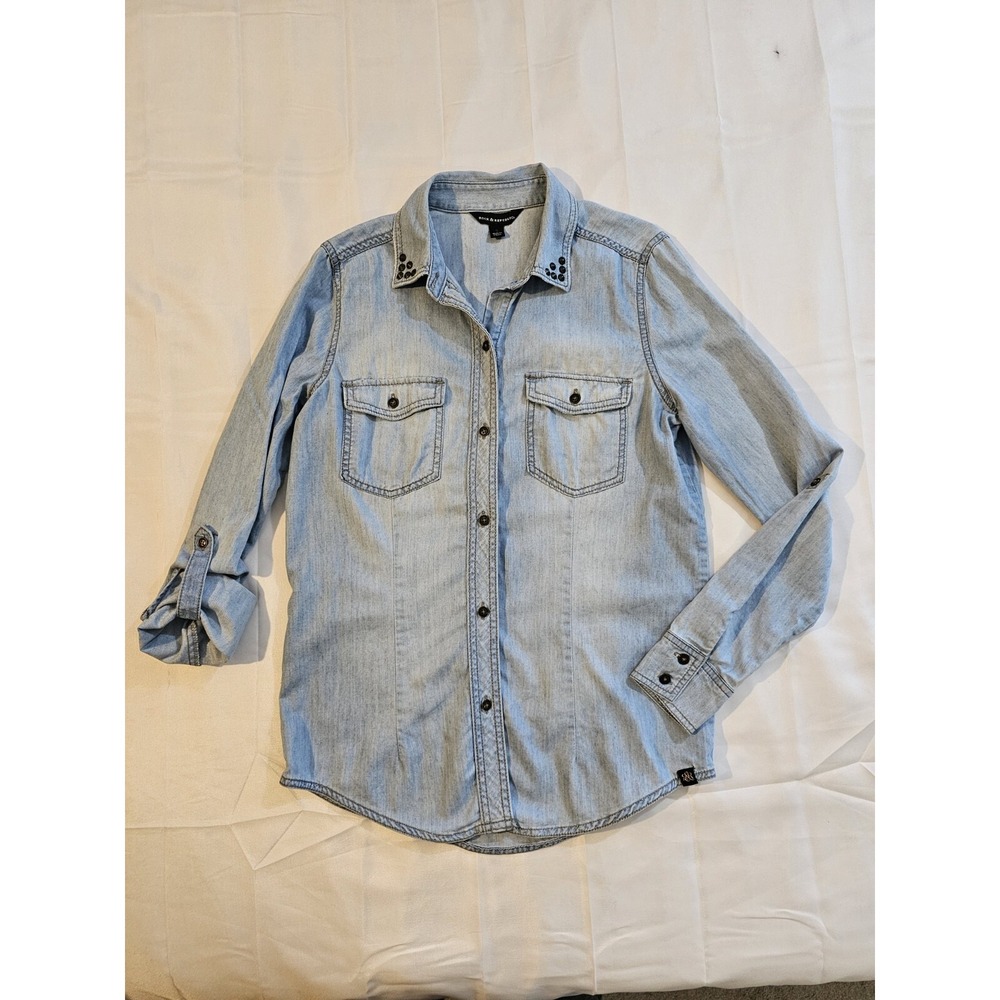 Rock & Republic Women Shirt  Studded Western Button Down Pockets Chambray Small